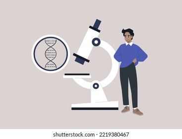 DNA digital code under the microscope, biotech and bio hacking, a young male Caucasian scientist presenting a discovery