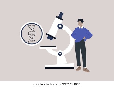 DNA digital code under the microscope, biotech and bio hacking, a young male Asian scientist presenting a discovery