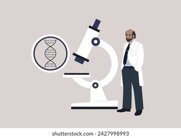 DNA digital code under the microscope, biotech and bio hacking, a senior scientist presenting a discovery