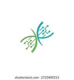   
Logotipo digital del ADN con la hélice estilizada y el diseño alado de la tecnología en verde y azul