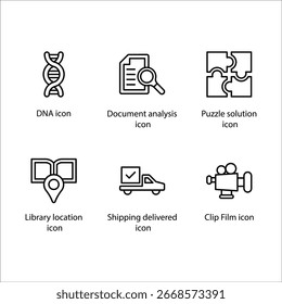 DNA, Document analysis, Puzzle solution, Library location, Shipping delivered, Clip Film, icon, Line icon Set