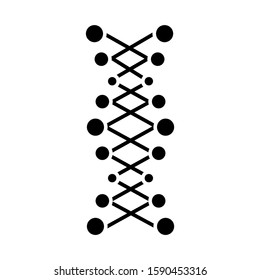 DNA double helix glyph icon. Connected dots, lines. Deoxyribonucleic, nucleic acid. Chromosome. Molecular biology. Genetic code. Silhouette symbol. Negative space. Vector isolated illustration