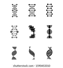 DNA double helix glyph icons set. Deoxyribonucleic, nucleic acid structure. Chromosome. Molecular biology. Genetic code. Genome. Genetics. Medicine. Silhouette symbols. Vector isolated illustration