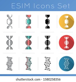 DNA double helix icons set. Deoxyribonucleic, nucleic acid. Spiraling strands. Chromosome. Molecular biology. Genetic code. Flat design, linear, black and color styles. Isolated vector illustrations
