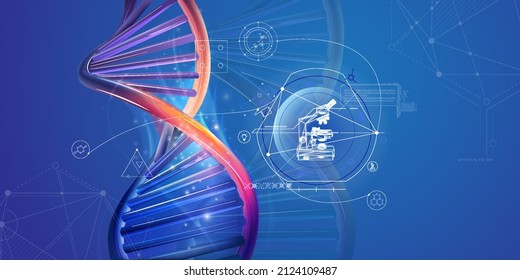 DNA double helix and infographics with microscope.