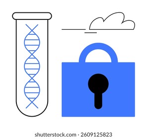 DNA double helix inside a test tube next to a blue lock icon and cloud. Ideal for genetics, data security, biotechnology, data privacy, and cloud computing themes. Simple outline style