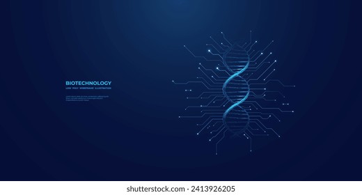 DNA double helix in light blue futuristic style on technology background with circuit. Low poly wireframe vector illustration. Abstract biotechnology concept. Science and tech. Medical research.