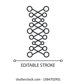 DNA double helix linear icon. Connected dots, lines. Deoxyribonucleic, nucleic acid. Genetic code. Genetics. Thin line illustration. Contour symbol. Vector isolated outline drawing. Editable stroke