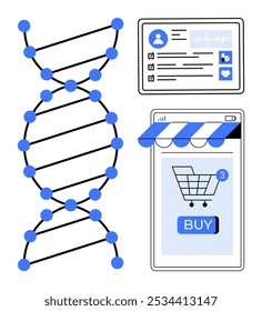 DNA double helix, medical report with health data, and an online shopping cart on a smartphone screen. Ideal for healthcare, genetics, online shopping, digital health, medical technology. Flat design