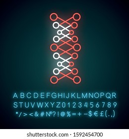 DNA double helix neon light icon. Connected dots, lines. Deoxyribonucleic, nucleic acid. Molecular biology. Genetic code. Glowing sign with alphabet, numbers and symbols. Vector isolated illustration