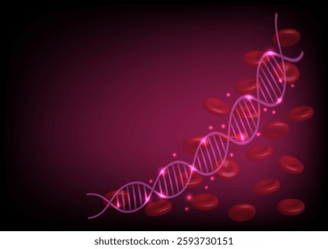 DNA double helix on red blood cells, Biotechnology, science or medicine background.