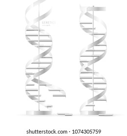 DNA double helix, realistic structural models made of silver-white metal, isolated on white background
