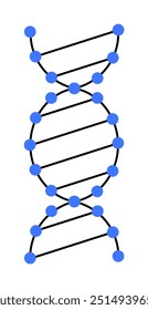 DNA double helix strand with blue dots, representing genetic information. Ideal for genetics, biology, education, science communication, medical research. Simple, minimalist style.