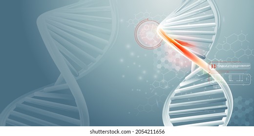 DNA double helix strands and scientific data infographics.