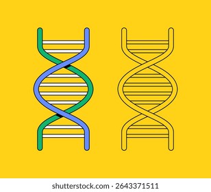 DNA double helix structures on a yellow background. The left strand is stylized with green and blue, while the right one uses minimal black outlines cartoon style for biology, genetics illustration