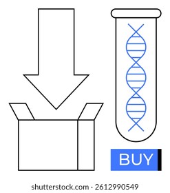 DNA double helix in test tube with open box and downward arrow, showcasing concept of genetic testing kit purchase. Ideal for e-commerce, healthcare, technology, innovation, online shopping