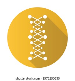 DNA double helix yellow flat design long shadow glyph icon. Connected dots, lines. Deoxyribonucleic, nucleic acid. Chromosome. Molecular biology. Genetic code. Genetics. Vector silhouette illustration