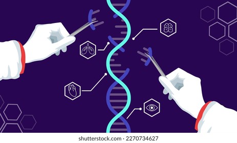 DNA edit. Baby genetic sequence. Crispr gene engineering. Cas9 and mutation editing. Medical RNA research. Doctor hands with tweezers. Biotechnology science. Vector illustration background