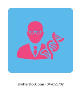 DNA Engineer vector icon. Style is flat rounded square button, pink and blue colors, white background.