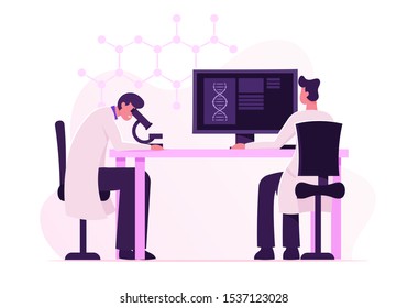 Dna Engineering and Genetics Science Concept. Scientists Conducting Experiment and Scientific Research in Laboratory. Man Look in Microscope, Technician Work on Pc Cartoon Flat Vector Illustration