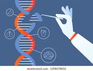 Dna engineering. Genome crispr cas9, gene mutation code modification. Human biochemistry and chromosomes research vector concept