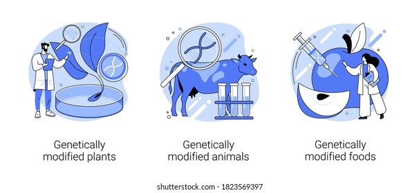 DNA engineering industry abstract concept vector illustration set. Genetically modified plants, animals and foods, gmo farming, transgenic crops, biotech product, nutrition safety abstract metaphor.