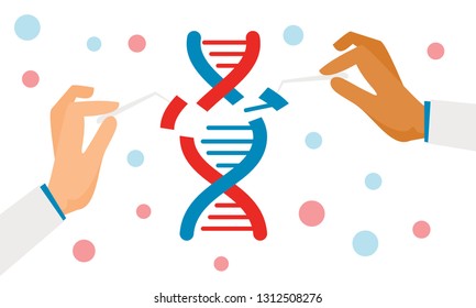 Dna Engineering Vector Illustration. Human Biochemistry And Chromosomes Research Vector Biology Concept. Flat Genome Crispr Cas9, Gene Mutation Code Modification.