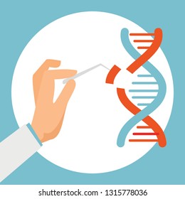 Dna engineering vector illustration. Human biochemistry and chromosomes research vector biology concept. Flat genome crispr cas9, gene mutation code modification.