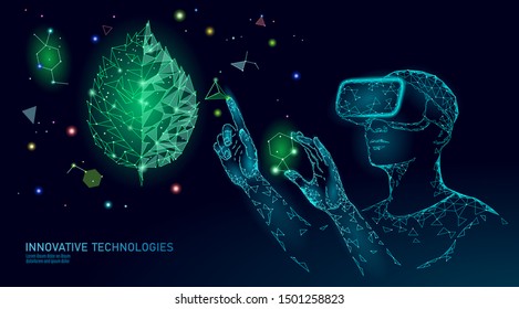 DNA evolution modern engineering technology. Augmented reality helmet vr glasses. Ecology nature gene innovation concept. GMO gene engineering plant organic science medical vector illustration