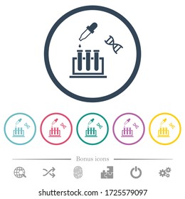 DNA experiment flat color icons in round outlines. 6 bonus icons included.