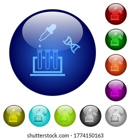 DNA experiment icons on round glass buttons in multiple colors. Arranged layer structure