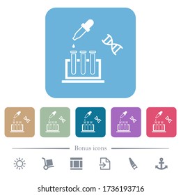 DNA experiment white flat icons on color rounded square backgrounds. 6 bonus icons included