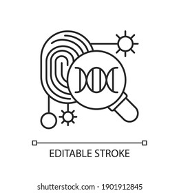 DNA fingerprinting linear icon. Forensic imprint scan. Genetic engineering experiment. DNA data. Thin line customizable illustration. Contour symbol. Vector isolated outline drawing. Editable stroke