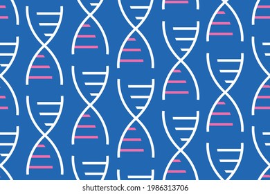 DNA flat icons seamless pattern. Repetitive vector illustration of simple minimalist lined dna symbols on blue background. Dna texture. EPS 10.
