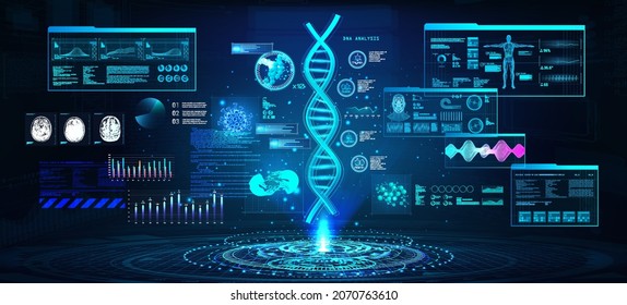 DNA formula research and full analysis with the obtained data in a futuristic laboratory with a HUD interface and a hologram. Hi-tech healthcare diagnostic. HUD, UI, GUI interface and DNA scan. Vector