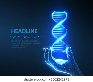 DNA fragment in digital hand. DNA molecule helix spiral on blue. Medical science, genetic biotechnology, chemistry biology, gene cell concept illustration. Abstract 3d polygonal wireframe style
