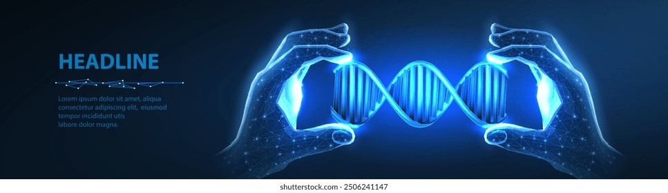 DNA fragment in digital hand. DNA molecule helix spiral on blue. Medical science, genetic biotechnology, chemistry biology, gene cell concept illustration. Abstract 3d polygonal wireframe style