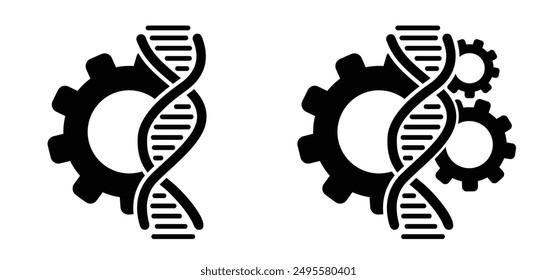 DNA with gear or cogwheel. DNA string, double helix spiral line. RNA gene chromosome elements, medic atom cell. Medical concept of biochemistry with dna molecule. Genetic engineering.