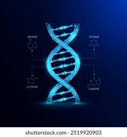 Célula genética de ADN azul de doble hélice. Biología genética sintética combinada. Análisis de código timina, adenina, guanina, citosina. Vector de antecedentes de ciencias médicas.