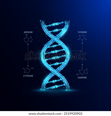 DNA gene cell double helix blue. Genetic synthetic biology combined. Code analysis thymine, adenine, guanine, cytosine. Medical science background vector.