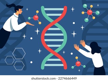 Adn, herencia genética, ciencia de la biología. Mujeres y hombres sostienen y exploran el genoma, el descubrimiento de la medicina. Investigación científica de laboratorio y análisis molecular. Concepto de ilustración de vectores