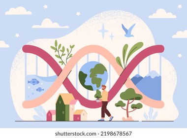 Concepto de variedad genética del ADN. Diversidad biológica de la vida en el planeta Tierra, especies de flora y fauna. Voluntarios o activistas conservan y protegen los ecosistemas silvestres. Dibujo vectorial plano de dibujos animados