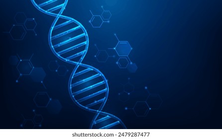 dna genetic biotechnology technology on blue background. chromosome structure science wallpaper. nano code structure. vector illustration low poly wireframe.