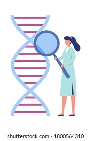 DNA genetic engineering. Laboratory research biotechnology concept. Woman medical or laboratory worker holding magnifier glass and checking dna wireframe structure vector illustration