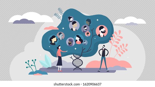 DNA Genetic Human Family Tree Information Research Concept, Flat Tiny Persons Vector Illustration. Creative Genome Structure Abstract Graphic Visualization. Biology Science Laboratory Data Project.
