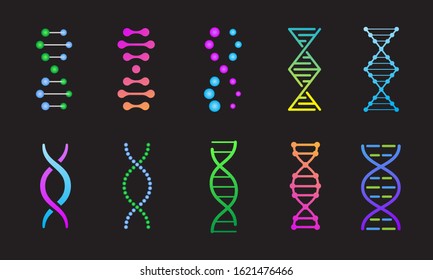 DNA genetic icon set. Colorful deoxyribonucleic acid symbols isolated on black background