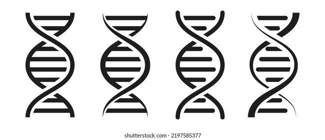 DNA genetic icon set. DNA structure molecule code. Helix chromosome black icons. Spiral gene pictogram. Vector illustration. 