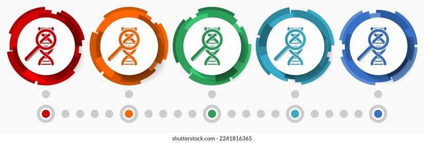 Adn, concepto de investigación genética conjunto de iconos vectoriales, punteros de diseño plano, plantilla infográfica