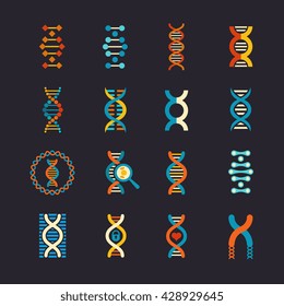 DNA genetic vector flat icons set. Dna biotechnology sign, structure dna molecule illustration