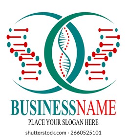 Modelo do logotipo do DNA do vetor genético. Ícone de folha e cromossomo. Este logotipo é adequado para saúde, farmácia, médico, negócios, corpo e ícone.